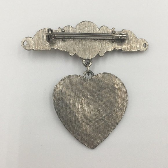 SILVER Tone Brocade Dangle Charm HEART BROOCH, Pink Plastic CABOCHON, Valentine - Picture 4 of 8